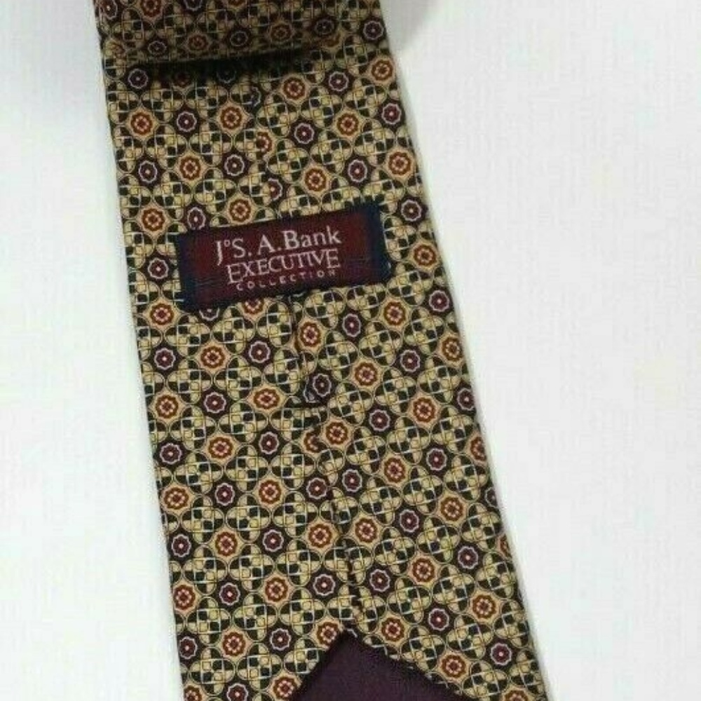 JoS A Bank Mens Silk Tie Gold Floral Geometric - Picture 3 of 3